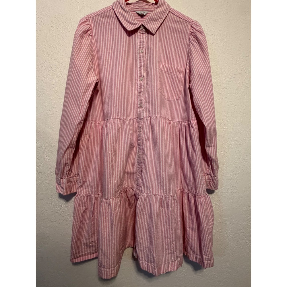 Crown & Ivy Pink White Striped Tiered Shirt Dress Gold Metallic XL Lurex Puffy